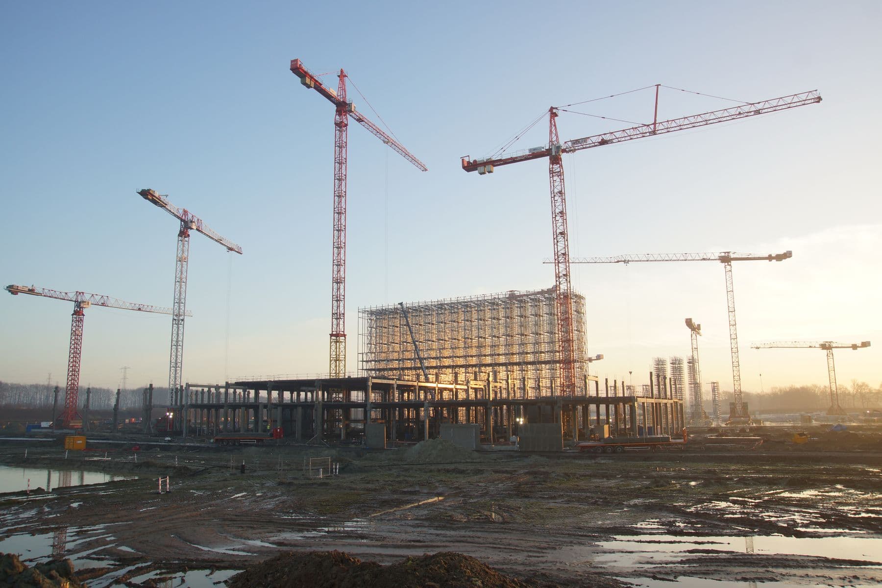 Building framework and cranes at a construction site